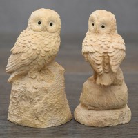 NX009ca  -  8 CM High Carved Boxwood Carving - Pair of Smart Owls   163029983681